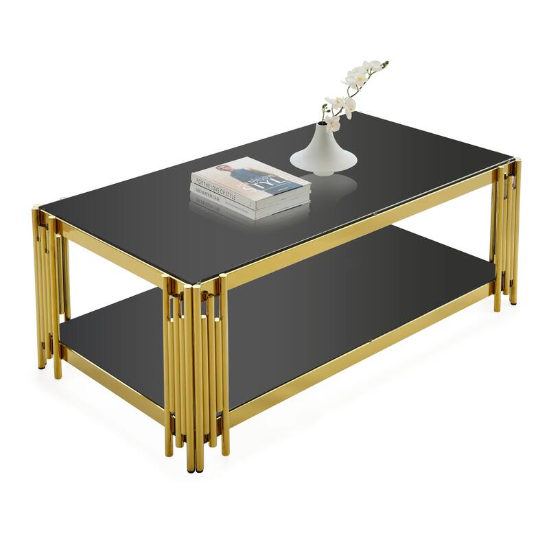 Woker Furniture 48" Wide Rectangular Coffee Table with Black Tempered Glass Top