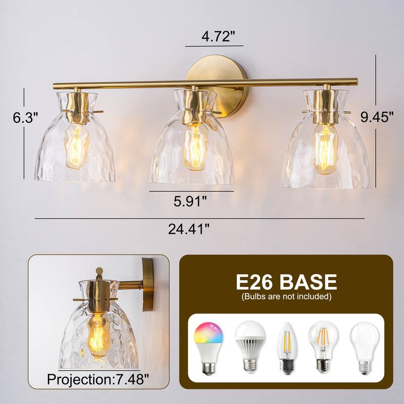 Starsky 3-Lights Modern Dimmable Hammered Glass Bathroom Vanity Light