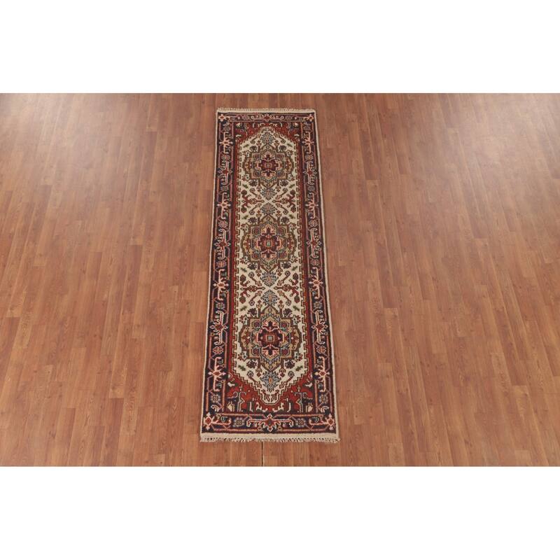 Geometric Heriz Serapi Runner Rug Hand-Knotted Wool Carpet - 2'6"x 7'11"