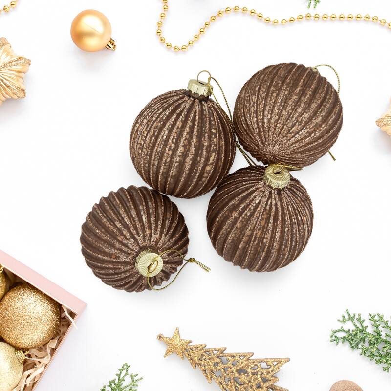 4ct Champagne Chocolate Glittered Ball Christmas Ornaments 3" 80mm