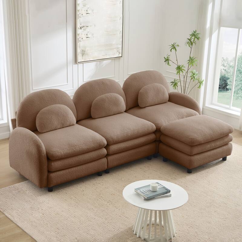 98.2" Teddy Fabric Sectional Sofa with Curved Pillows and Ottoman