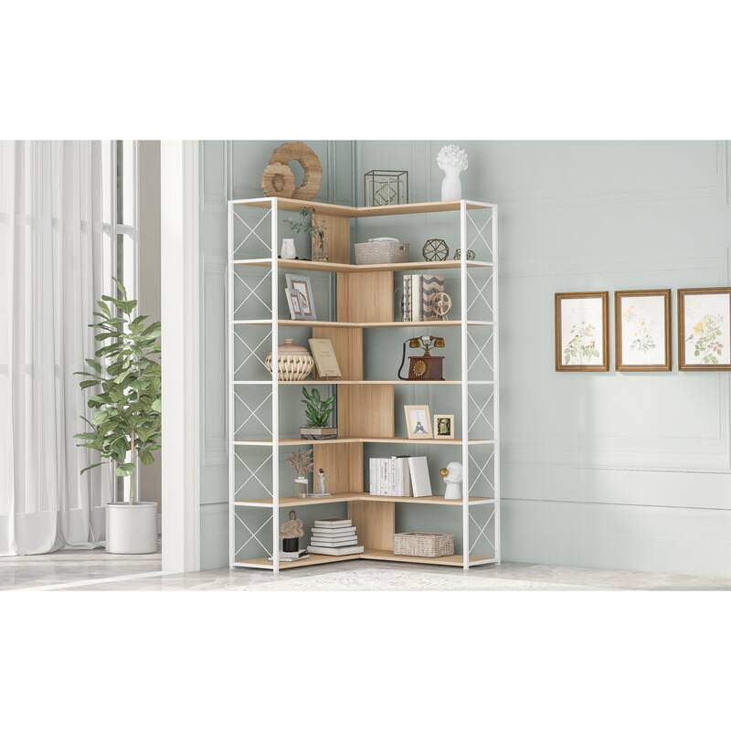 7-Tier Bookcase Home Office Bookshelf, L-Shaped Corner Bookcase with Metal Frame