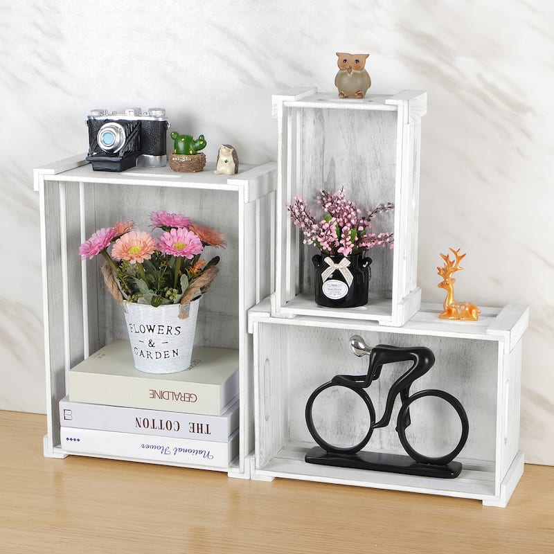 Set of 3 Wood Storage Containers Display Decorative