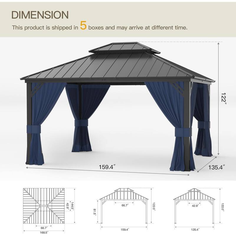 Outdoor Hardtop Gazebo Galvanized Steel Roof & Aluminum Frame, Patio Canopy Pergola w/ Mosquito Net & Curtain