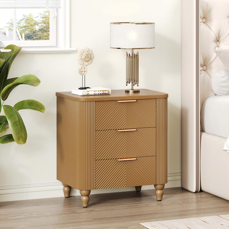 Mid-Century Fluted 3-Drawer Nightstand - Curved Profile + Gold Glossy Handles, Easy Assembly (Natural)