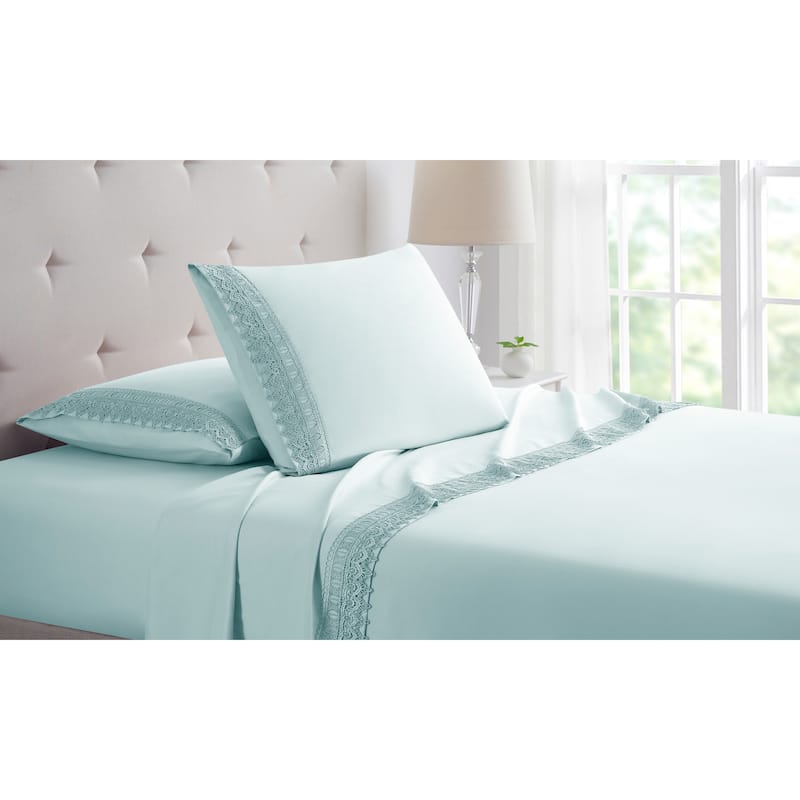 Bamboo Comfort Lace Crochet Embroidery 4 Piece Sheet Set - Queen - Aqua