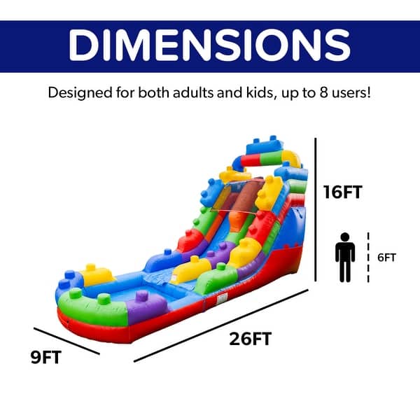 Herokiddo Block Party 16ft Tall Inflatable Water Slide with Air Blower & Attached Pool, Outdoor Play Commercial Grade Waterslide