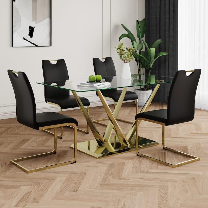 5-Piece Rectangular Dining Table Set for 4 Modern 63" Tempered Glass Kitchen Table with 4 Chairs, Luxury Dining Room Table Set