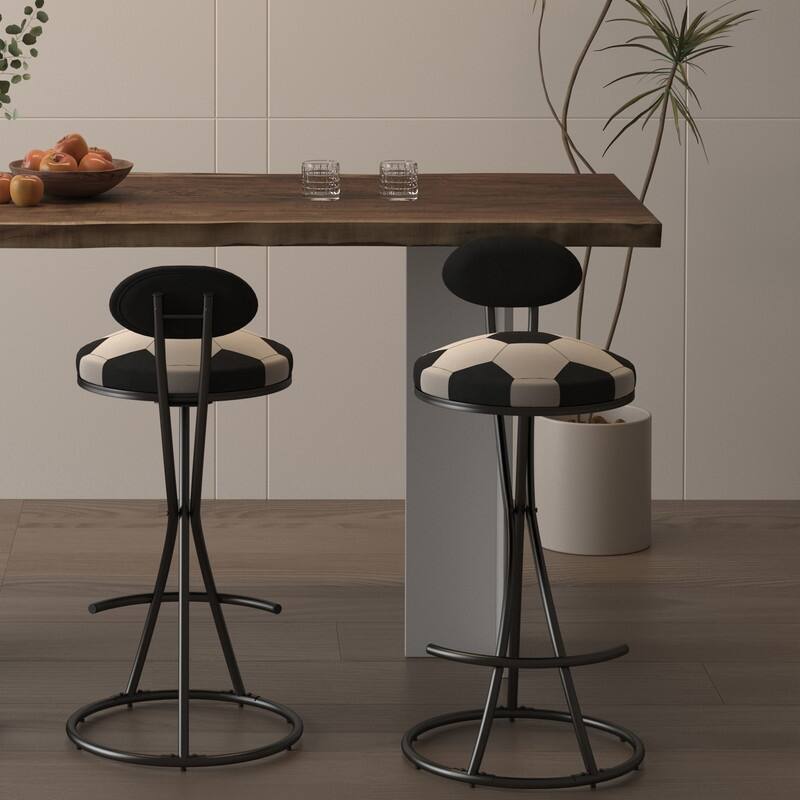 Football Print Bar Stools Set of 2 Upholstered Counter Height Barstool for Kitchen Island S-shaped Velvet Metal Dining Chairs - Black