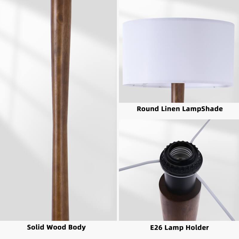 61 in. Retro Standing Floor Lamp with Rubberwood Base and Linen KD Lampshade for Bedroom, Living Room