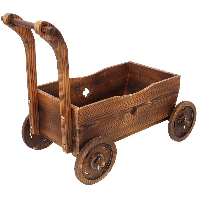 Wooden Wagon Planter Box, Mobile Garden Planter with 4 Wheels, Handle, Drain Hole, Decorative Flower Planter