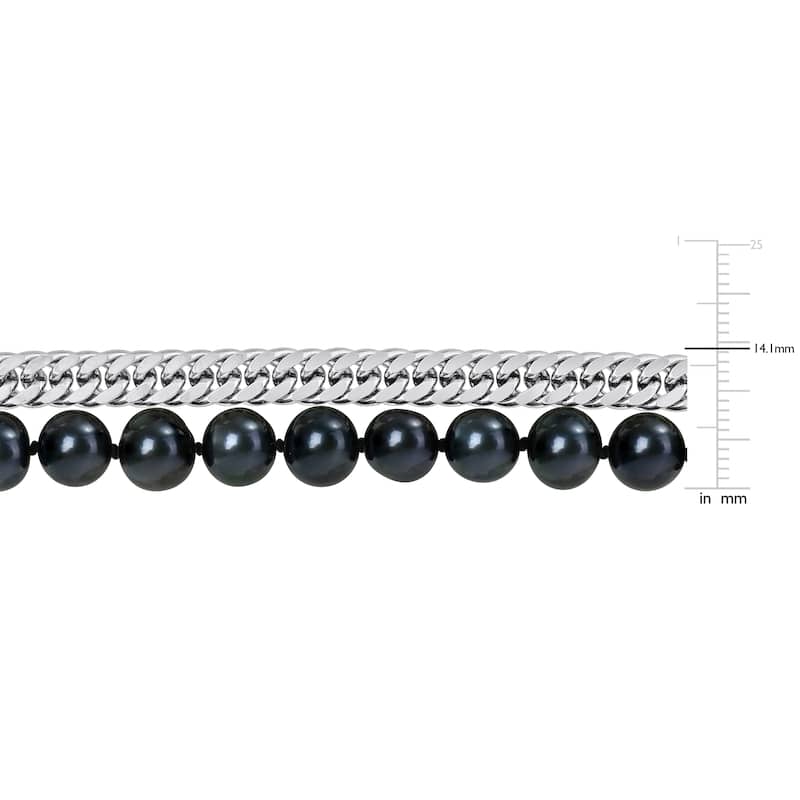 Miadora Mens 7.5-8mm Cultured Freshwater Black Pearl and Double Curb-Link Sterling Silver Necklace