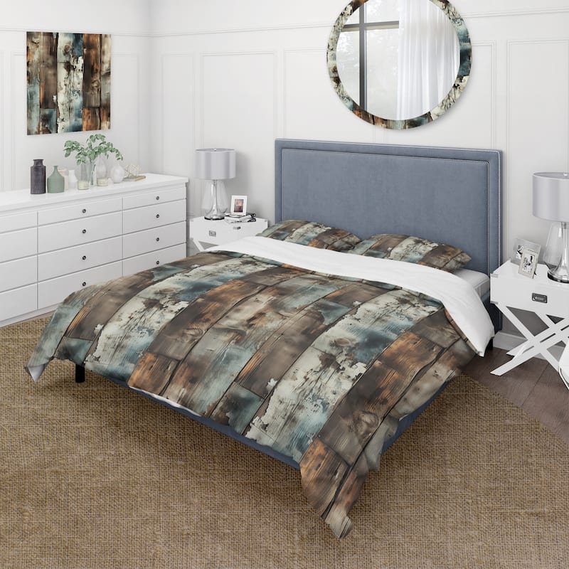 Designart "Rustic Barnwood Weathered Tones" Abstract Bedding Set With Shams