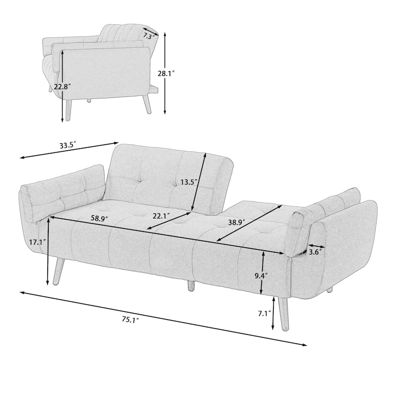 2Set Adjustable Backrest Convertible Futon Sleeper Couch