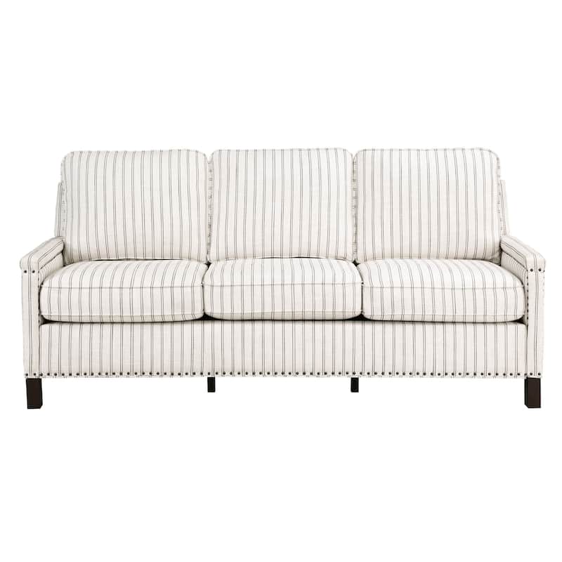 Claire 78 Inch Sofa, Beige, Gray Polyester Pinstripes, Cushions, Solid Wood