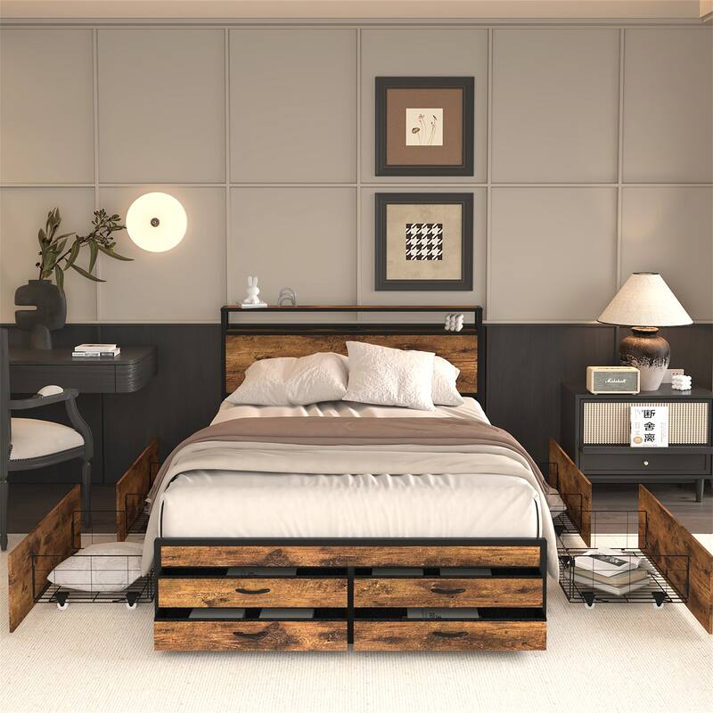 Full/Queen Size Metal Bed Frame w/ Drawers,LED Headboard,Charging Station - Queen