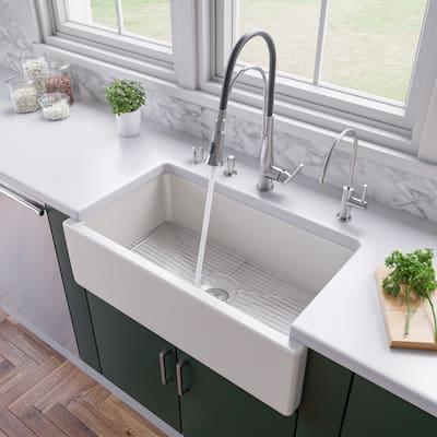 ALFI brand AB3318HS-W Modern 33" x 18" Reversible Fluted / Smooth Single Bowl Rectangular Fireclay Farm Sink - White