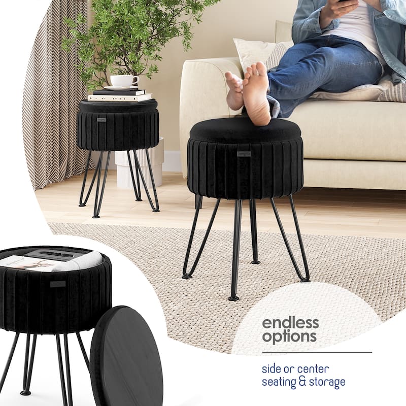 Emperyan Pleated Velvet Storage Ottoman, Modern Ottomans for Living Room and Bedroom
