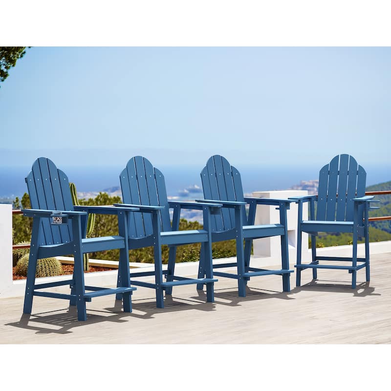 Outdoor Adirondack Chairs with Cup Holder Bar Height Adirondack Bar Stool with Arms for Patio, Garden, Deck (Set of 4) - Blue