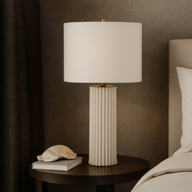 Ceramic Table Lamp Pleated Base with Fabric Drum Shade - 27" White - 27.0"