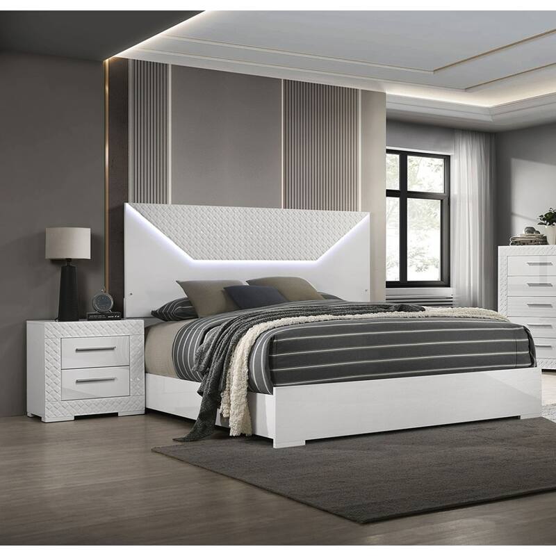 Queen Size High Gloss LED Platform Bed Set with 2 Nightstands and 3pc Contemporary Furniture