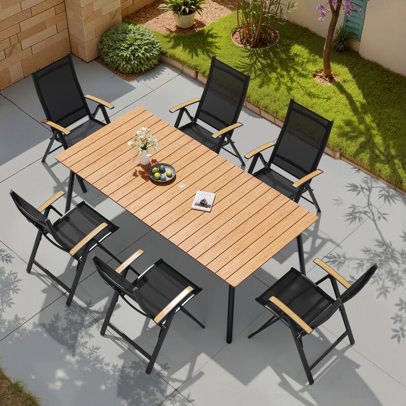 7-Piece Outdoor Patio Dining Set WPC Table Top Alumium Umbrella Hole Table with Folding Teak Armrest Chairs