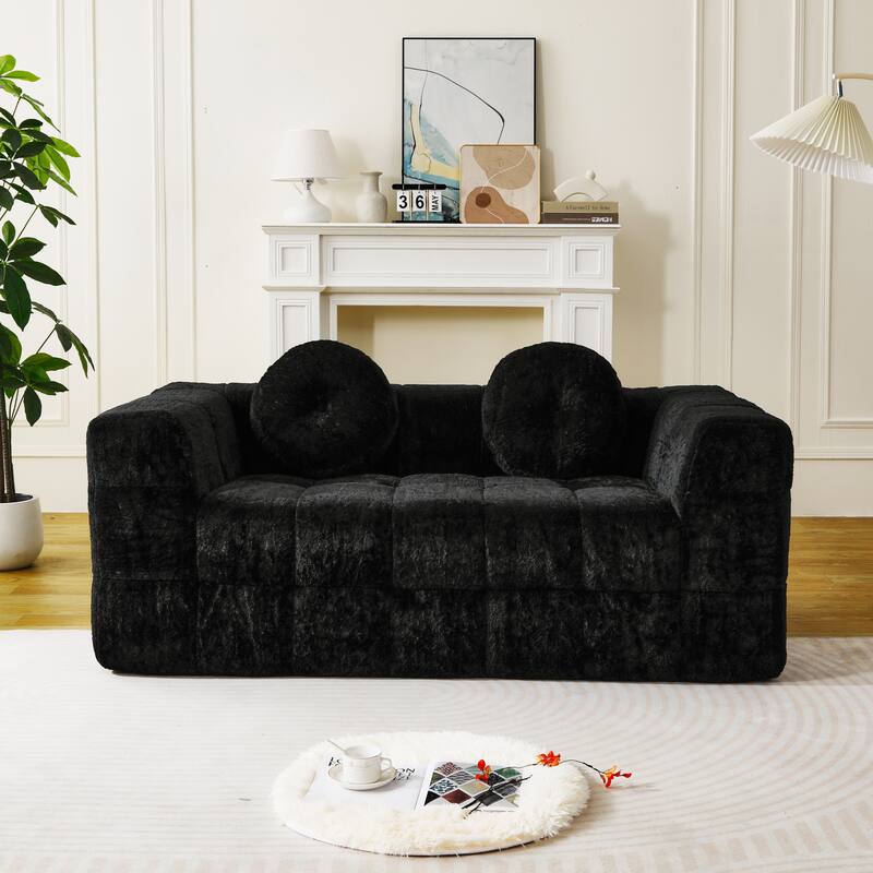 Modular Boneless Cloud Couch, Checkered Fabric Upholstered 2 Seater Foam Sofa, Lounge Sofa with 2 Circular Throw Pillows
