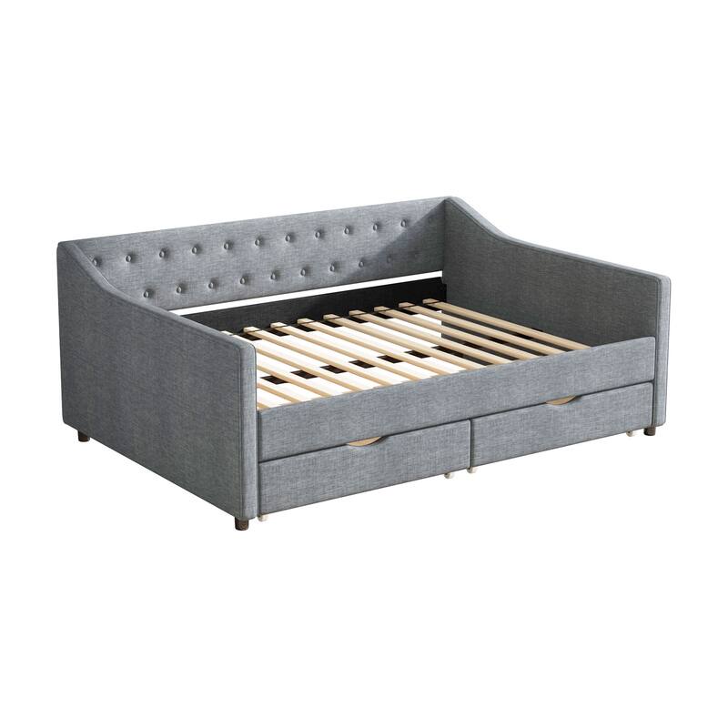 Linen Upholstered Daybed with 2 Drawers, Wooden Platform Sofa Bed Frame with Button Tufted Backrest, No Box Spring Needed