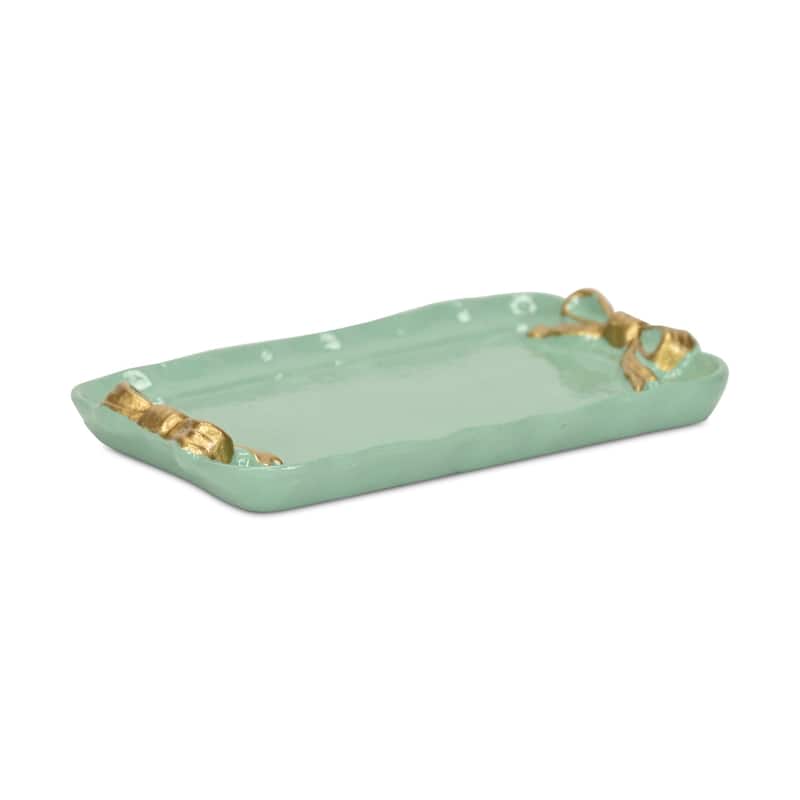 HomeRoots 8" Aqua And Gold Cast Iron Ribbons Vanity Tray - 7.50 in. x 0.50 in. x 4.50 in.