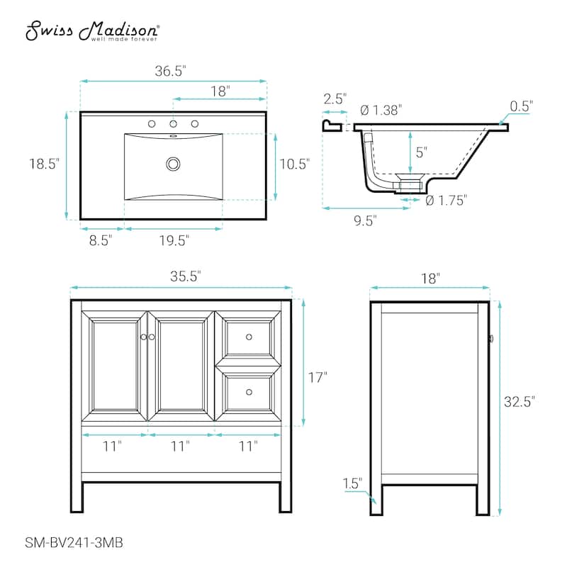 Chteau 36 In. Brown Oak Bathroom Vanity With Black, 3-Hole Ceramic Sink Top
