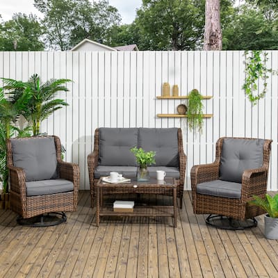 Outsunny 4 Piece PE Wicker Patio Furniture Set, Conversation Set with 2 360° Swivel Rocking Armchairs, 1 Loveseat Sofa