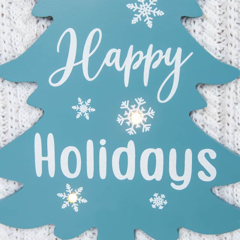 Lighted Happy Holidays Christmas Tree with Cable Knit Texture Wall Art - 12"