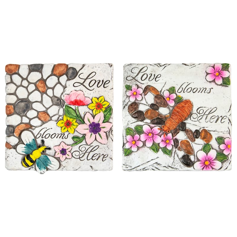 Set of 2 'Love Blooms Here' Floral Outdoor Garden Stones 7"