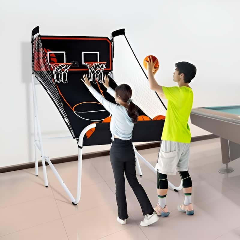Black-White Steel Dual Hoop Basketball Arcade Game with 8 Games Modes and Foldable Frame - 80” L x 54” W x 81” H