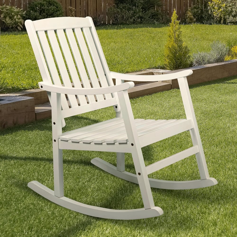 Perry Classic Slat-Back 300-Lbs Support Acacia Wood Patio Outdoor Rocking Chair, by JONATHAN Y - 22.4"