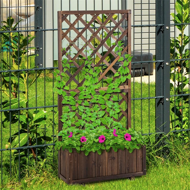 Outdoor Solid Fir Wood Flower Shelf Garden Planter Bed with Back Net Board for Herb or Plants - 28.5"L x 12.5"W x 58.75"H
