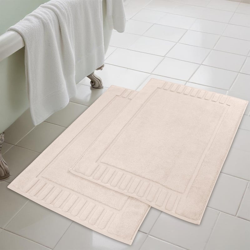 Blue Nile Mills 100% Cotton Solid Modern Geometric Border Absorbent Heavy Washable Bath Mats, Set of 2