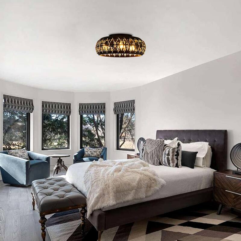 3 Light led light black ceiling light metal, rattan boho light fixtures - N/A