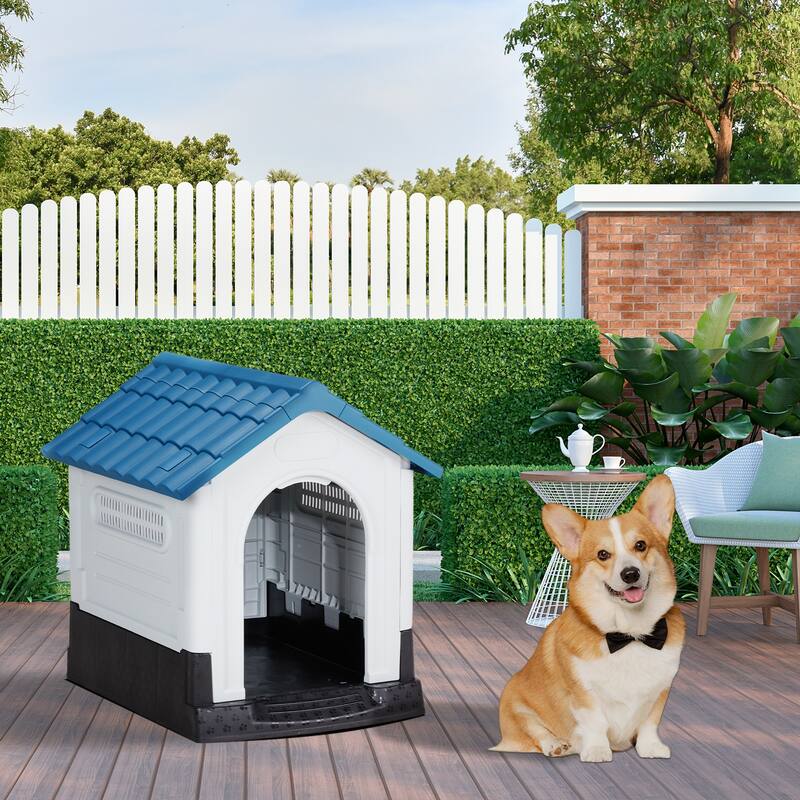 Plastic Dog House with Air Vents, Elevated Floor, Insulated Outdoor Indoor Kennel for Small Dogs