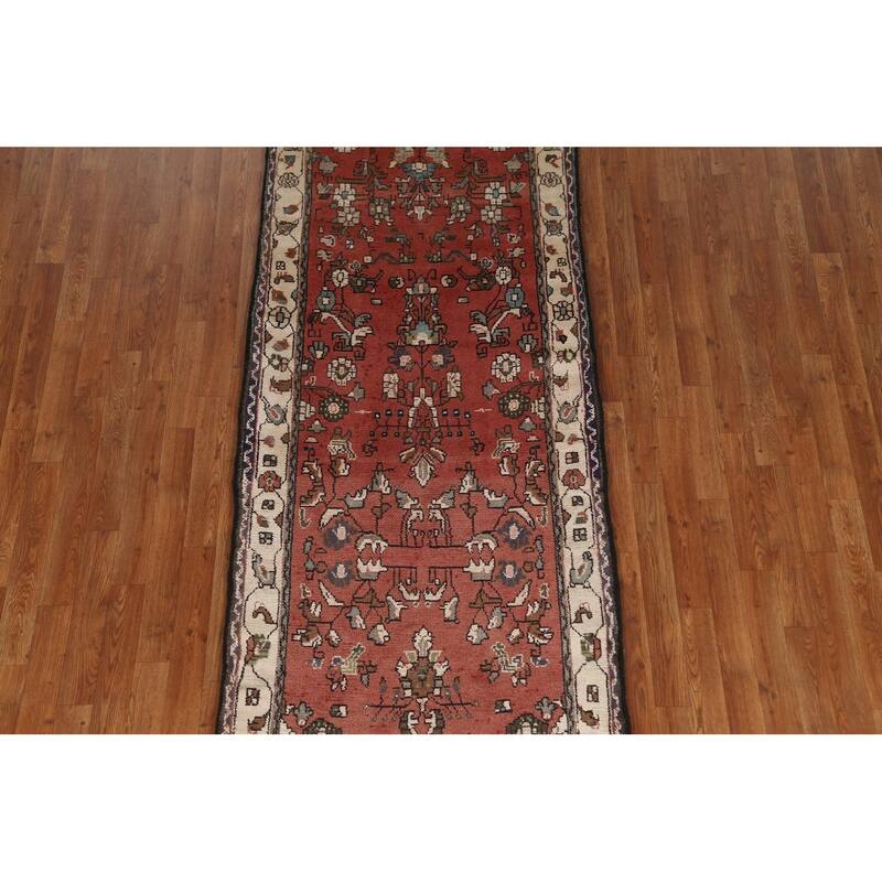 Hand Knotted Oriental 100% Wool Carpet Traditional Geometric Red Hamedan Runner Rug - 10' 2'' X 3' 2''