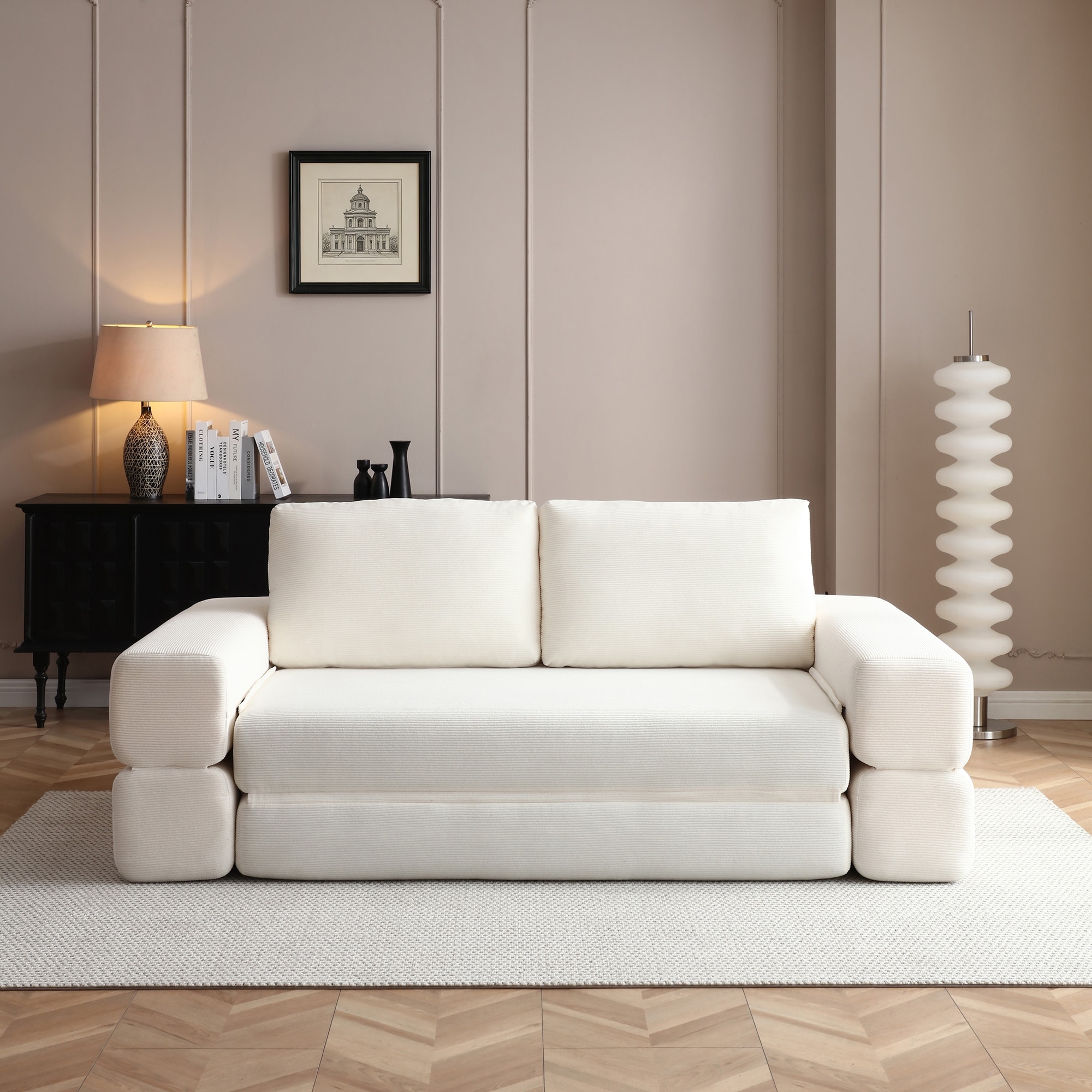 Beige Multi-Functional Folding Sofa Bed Convertible Floor Sofa Couch Lounge Sofa Sleeper Sofa Couch with Pillows