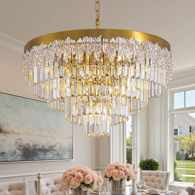 24 in. Modern 5-Tier Gold Crystal Chandelier with 11 Lights, Round Contemporary Ceiling Light for Dining Room and Living Room - Brass Chandelier