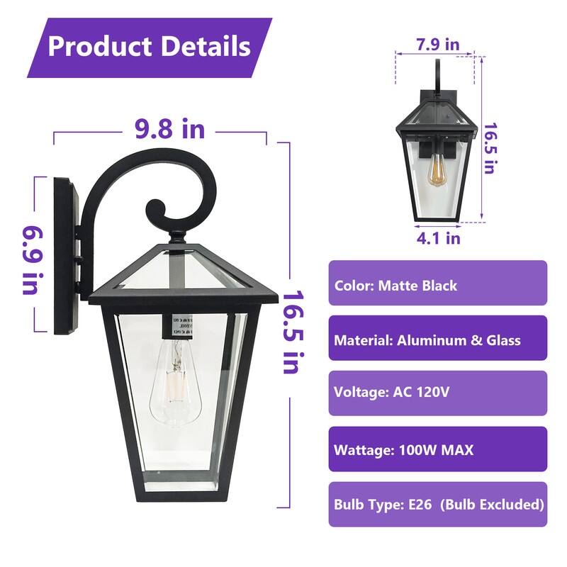 16.5'' Outdoor Wall Sconce With Clear Glass Shade For Porch, Patio, Garage, And Entryway (Set Of 2)