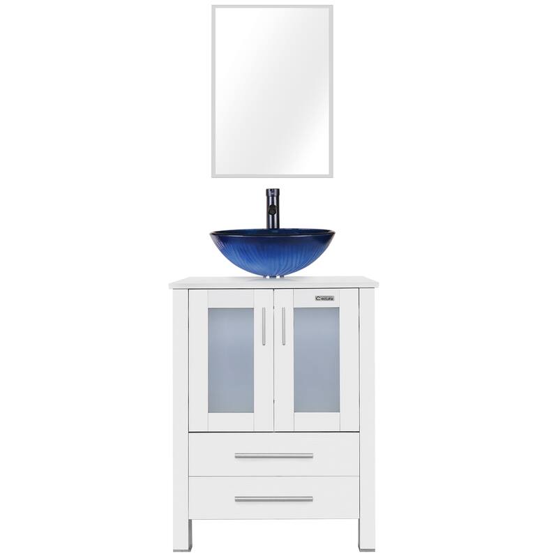24" Bathroom Vanity White Set Glass/ Ceramic Vessel Sink Cabinet Faucet Drain Free Standing Combo