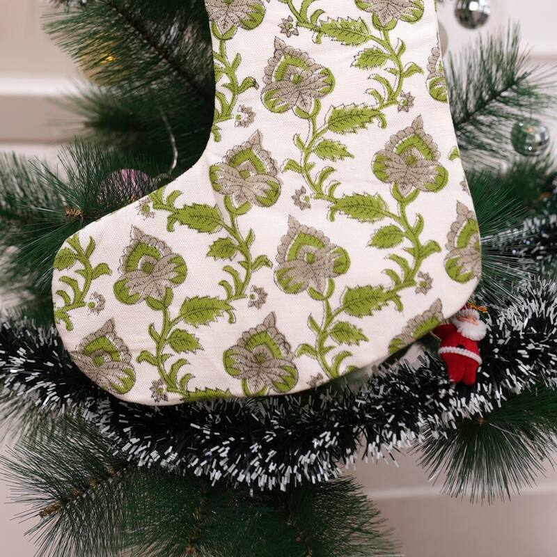 Fabdivine 16x6.5 Inches Hand Floral Block Print Christmas Stockings Tassle and Loop Perfect for Gift - 16"X6.5"