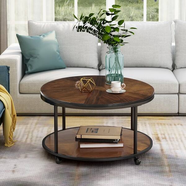 Round Wooden Coffee Table With Caster Wheels And Unique Textured Surface On Sale Overstock 30594136
