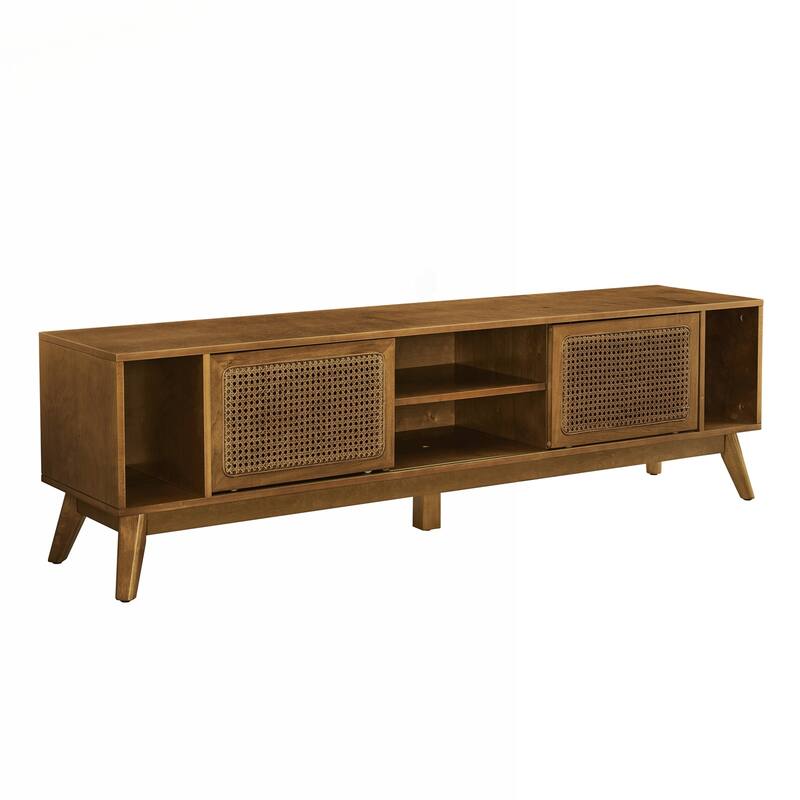 Charming Mid Century Rattan TV Stand with Solid Wood Feet and Versatile Storage