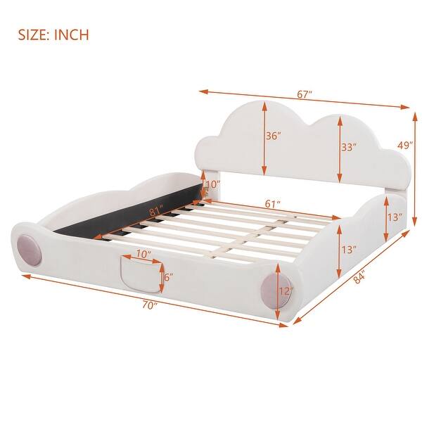 Queen Cloud Headboard Upholstered Bed with Rounded Footboard and Storage Pocket, Beige