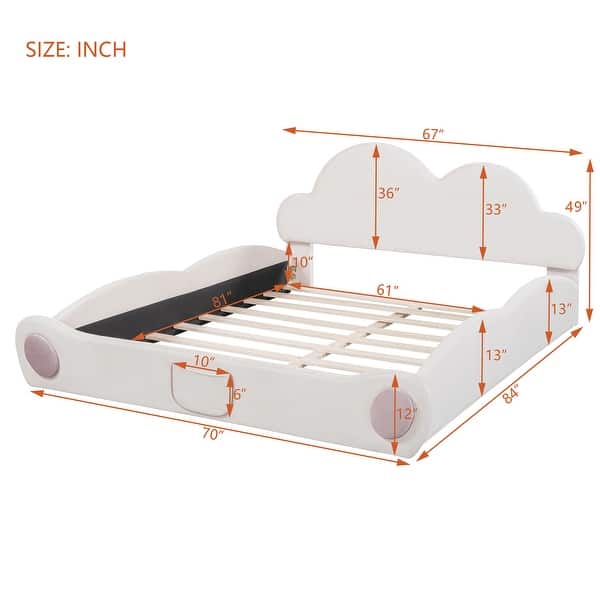Queen Size Cloud-Shaped Headboard Upholstered Platform Bed with Rounded Footboard and Convenient Pocket for Storage, Beige