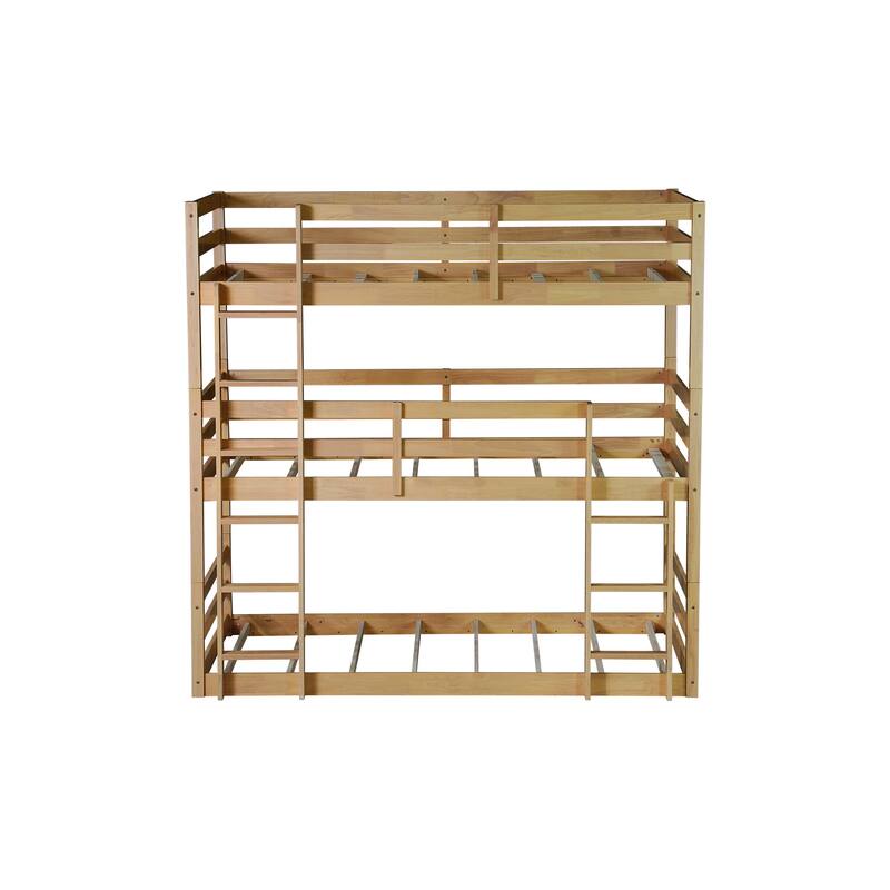 Detachable Triple Wooden Bunk Bed Frame, Rubber Wood Twin over Twin over Twin Bunk Bed, Divided Into 3 Separate Beds Frame